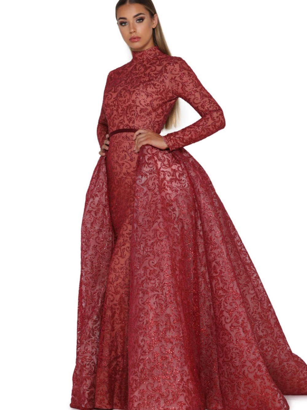 Portia & Scarlett 1702 long sleeve red dress with over skirt